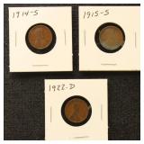US Coins 1914-S, 1915-S, 1922-S Lincoln Wheat Cent
