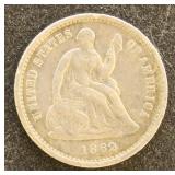 US Coins 1862 Half Dime, a few scratches but excel