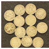US Silver Coins 13 Walking Liberty Half Dollars, c