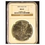 US Coins 1989 Silver Eagle Graded MS69 by NGC