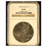 US Coins 1990 Silver Eagle Graded MS69 by NGC