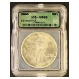 US Coins 2000 Silver Eagle Graded MS69 by ICG