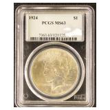 US Coins 1924 Peace Silver Dollar Graded MS63 by P