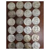 US Silver Coins 24 Franklin Half Dollars, mixed da