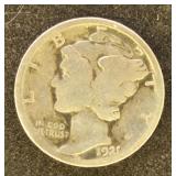 US Coins 1921-D Mercury Dime, circulated