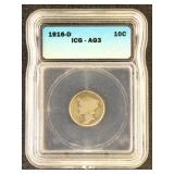 US Coins 1916-D Mercury Dime Graded AG3 by ICG