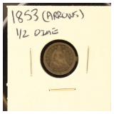 US Coin 1853 Half Dime with Arrows, Circulated