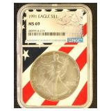 US Coin 1991 Silver Eagle MS69 NGC Graded Silver D