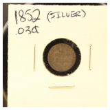 US Coin 1852 Silver Three Cent Piece, Circulated