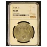 US Coins 1923 Peace Silver Dollar Graded MS64 by N