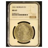 US Coins 1921 Morgan Silver Dollar Graded MS63 by