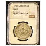 Mexico Coin 1940M Peso Graded MS63 by NGC