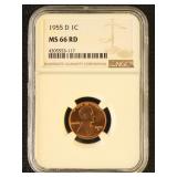 US Coin 1955-D Penny MS66RD NGC Graded, Red Lincol