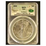 US Coins 2024 Silver Eagle Graded MS70 by CAC Firs