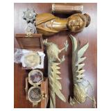 Compasses (2) in presentation boxes, wooden carvin