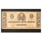 CSA Paper Money  #T55 1863 $1 Note, Civil War era