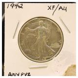 US Coin 1942 Walking Liberty Half Dollar, XF/AU