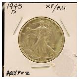 US Coin 1945-D Walking Liberty Half Dollar, XF/AU