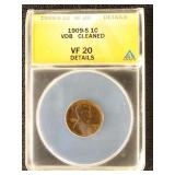US Coin 1909-S VDB Lincoln Cent Graded VF20 Detail