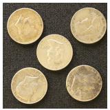 US Coins 5 Silver Half Dollars, 3 Franklin and 2 1