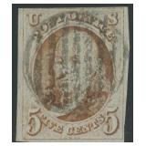 US Stamps #1 Used 1847 Franklin 5 cent 1st CV $425