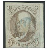 US Stamps #1 Used 1847 Franklin 5 cent 1st CV $425