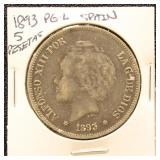 Spain Silver Coin 1893PG 5 Pesetas