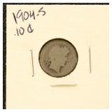 US Silver Coin 1904-S Barber Dime, circulated