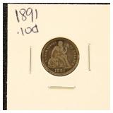 US Silver Coin 1891 Seated Liberty Dime, circulate