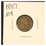 US Silver Coin 1887 Seated Liberty Dime, circulate
