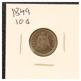 US Silver Coin 1849 Seated Liberty Dime, circulate