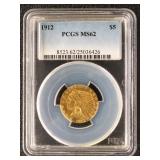 US Gold Coin 1912 $5 Indian Half Eagle Graded MS62