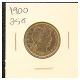 US Silver Coin 1900 Barber Quarter, circulated