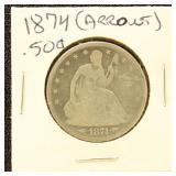 US Silver Coin 1874 Arrows Seated Liberty Half Dol