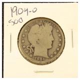 US Silver Coin 1904-O Barber Half Dollar, circulat