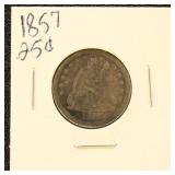 US Silver Coin 1857 Seated Liberty Quarter, circul