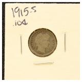 US Silver Coin 1915-S Barber Dime, circulated