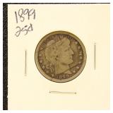 US Silver Coin 1899 Barber Quarter, circulated