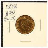 US Gold Coin 1878 Indian $3 Gold Piece, Cleaned, J