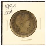 US Silver Coin 1913-S Barber Half Dollar, circulat