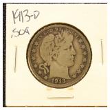 US Silver Coin 1913-D Barber Half Dollar, circulat