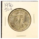 US Silver Coin 1936 Walking LIberty Half Dollar, c