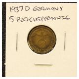 Germany Coin 1937D 5 Reichspfennig