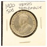 Straits Settlements Silver Coin 1920 Fifty Cents