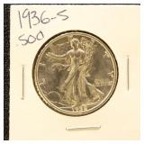 US Silver Coin 1936-S Walking Liberty Half Dollar,