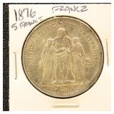 France Silver Coin 1876 5 Francs