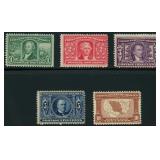US Stamps #323-327 Mint HR with large thins, creas