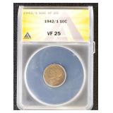1942/1 Mercury Dime Graded VF25 by ANACS