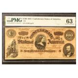 1864 T-65 $100 PMG-63 Confederate States Currency
