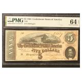 1864 T-69 $5 PMG-64EPQ Confederate States Currency
